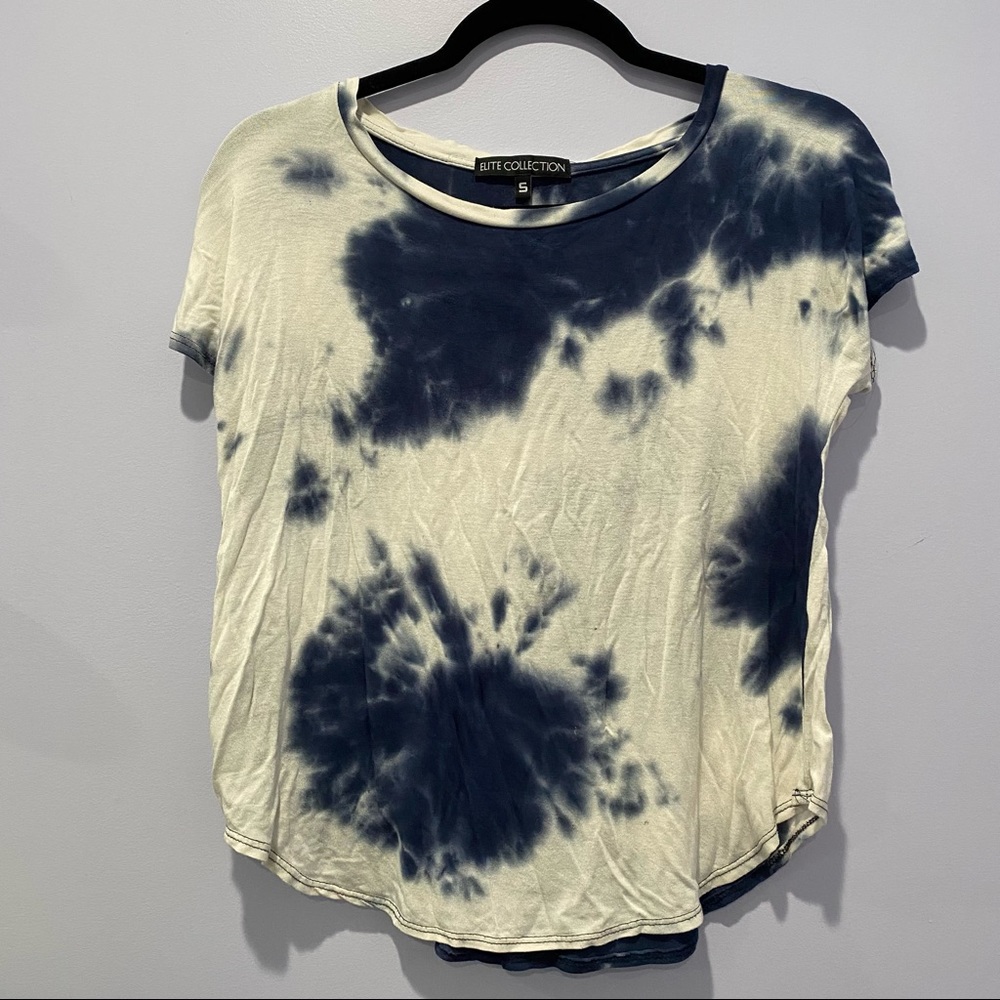 White and blue tie dye short sleeve shirt